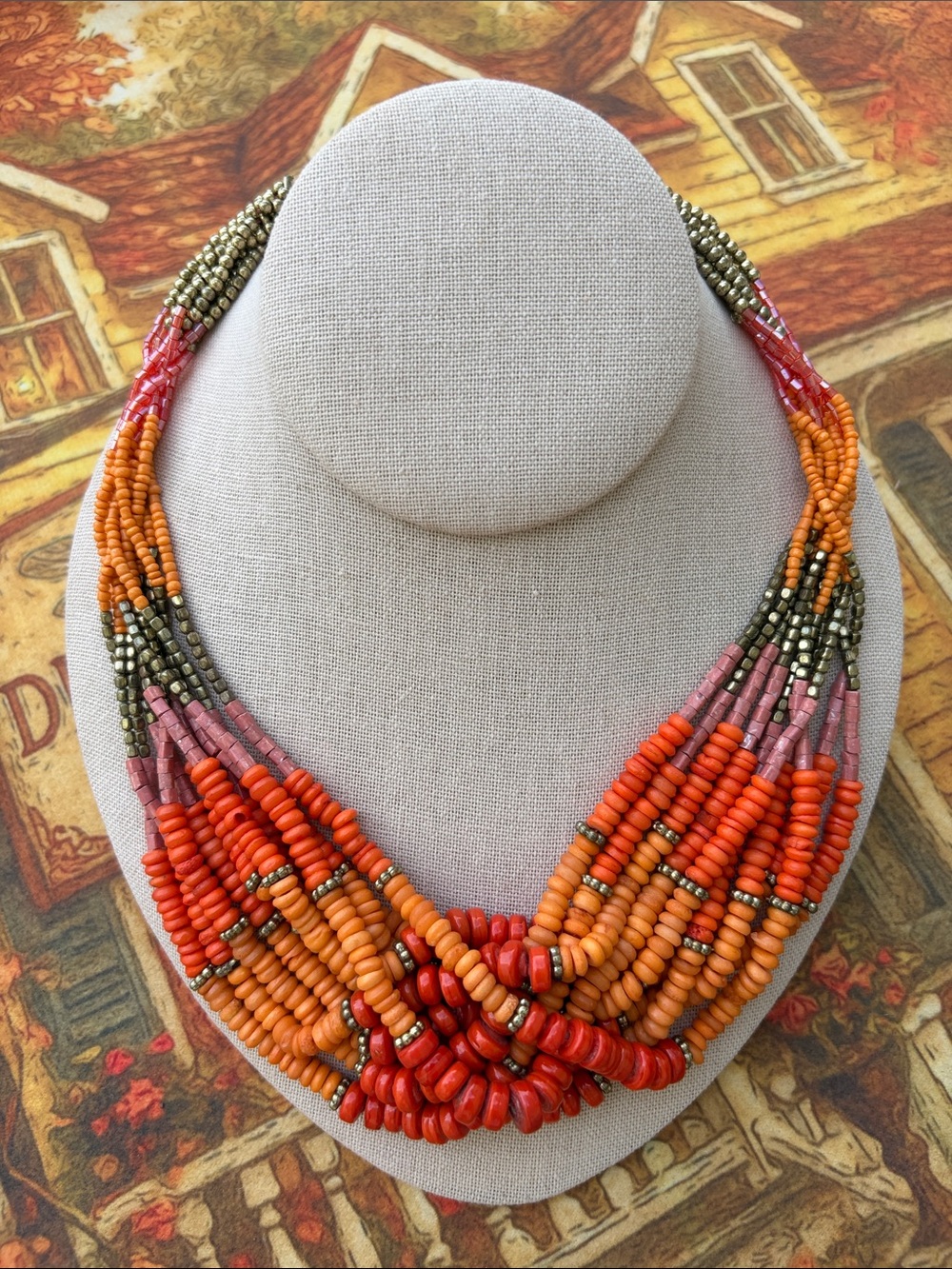 Chico's Multistrand Orange, Coral and Pink Bead Necklace w/Gold Accents FALL ๐